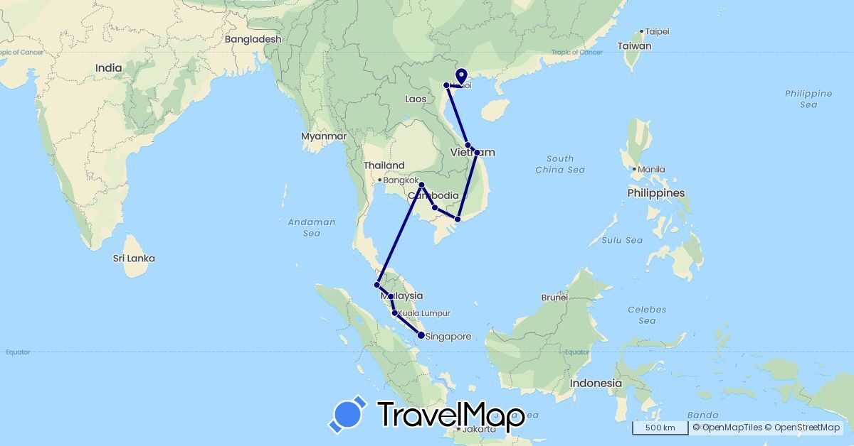 TravelMap itinerary: driving in Cambodia, Malaysia, Singapore, Vietnam (Asia)